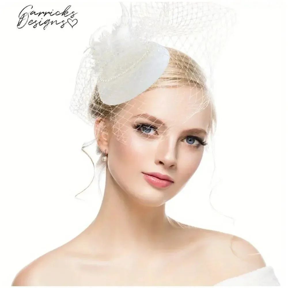 Feather Birdcage Wedding Veil Fascinator Hat With Faux Pearls